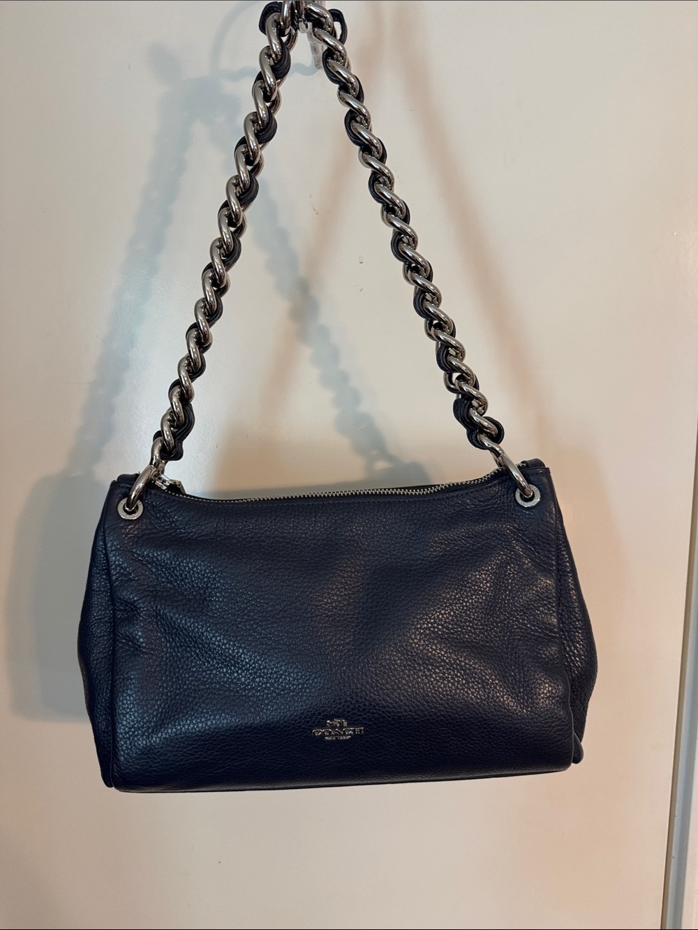 Coach Small Mia Shoulder Bag, Navy Pebble Leather, Silver Chain Strap